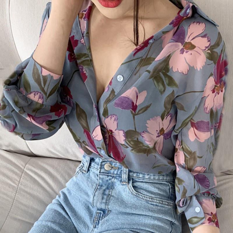 Fashion Women Shirt Floral Printed Blouses Chiffon Blouse Korea Tops Casual V-neck Long Sleeve Ladies Shirt