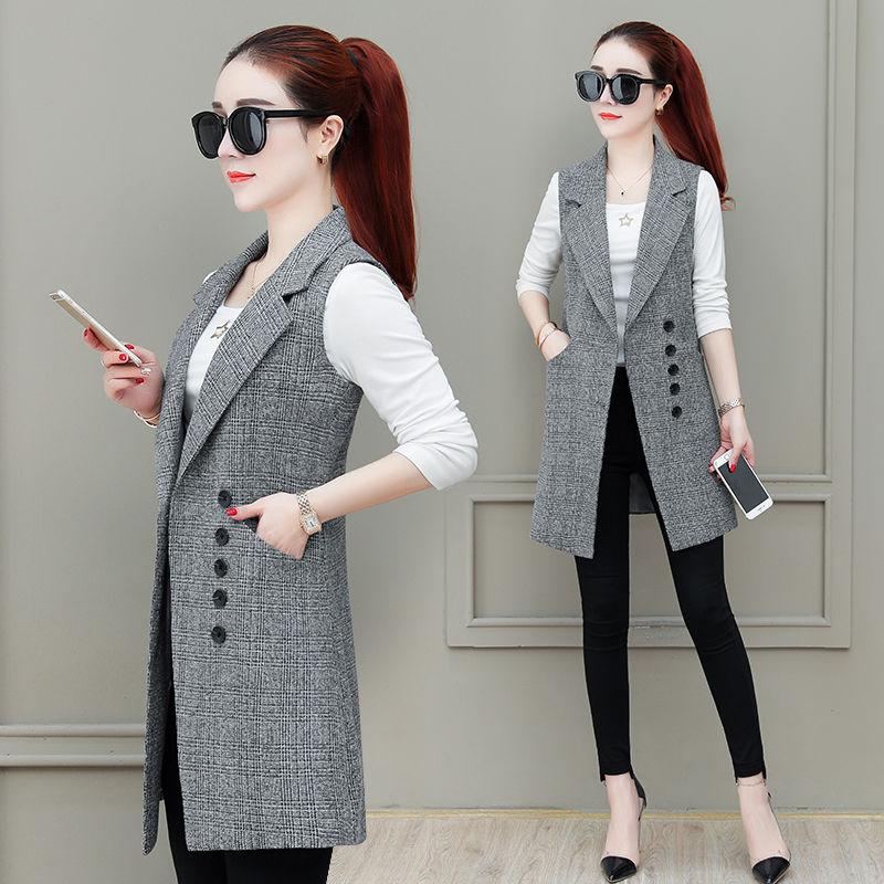 Women's Mid-length Waistcoat Slim Slimming Plaid Vest Suit Vest Waistcoat Ladies Sleeveless Jacket Temperament Elegant Blazer