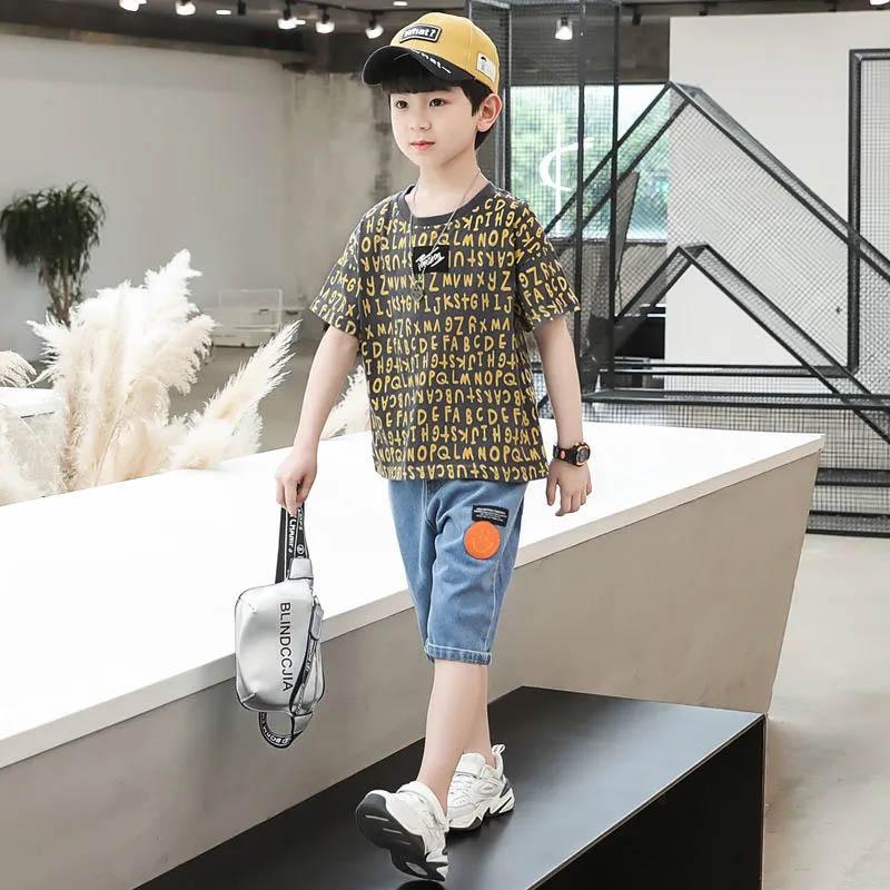 Children's Clothing Boys Summer Suit Head-up Letter Printing Short-sleeved Breathable Denim Five-point Pants Cool Cute Boy Two-piece Suit