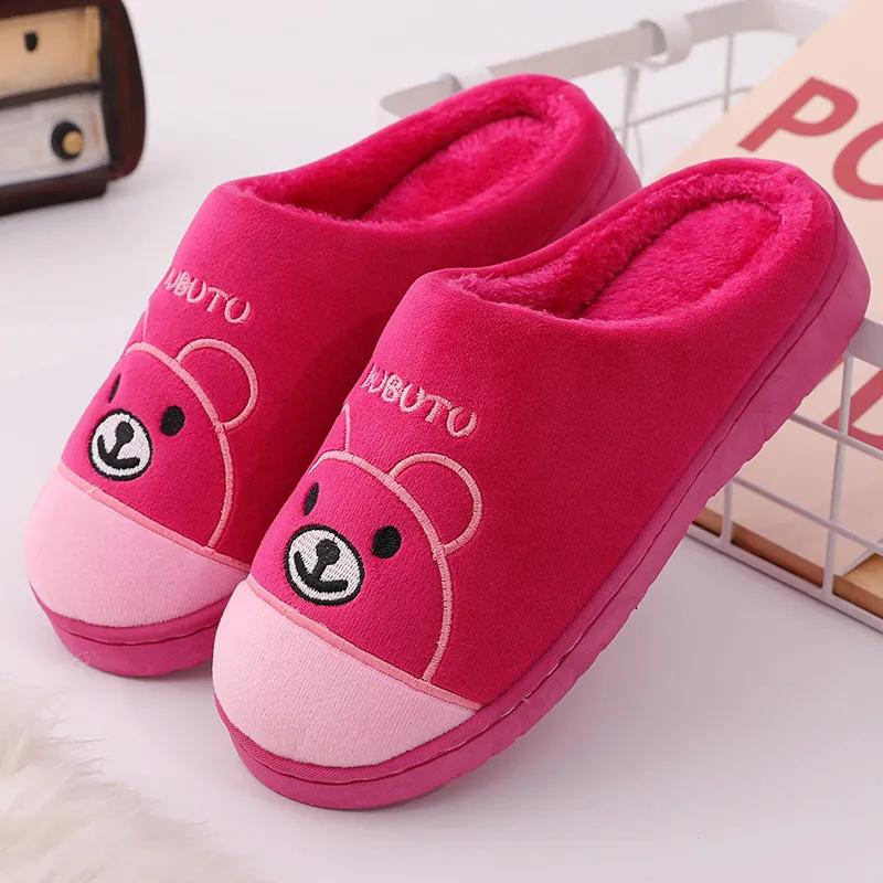 Women Warm Slippers Fall Winter Thick Fleece Cotton Slippers Cute Bear Embroidery Home Indoor Non Slip Men Slides Slippers