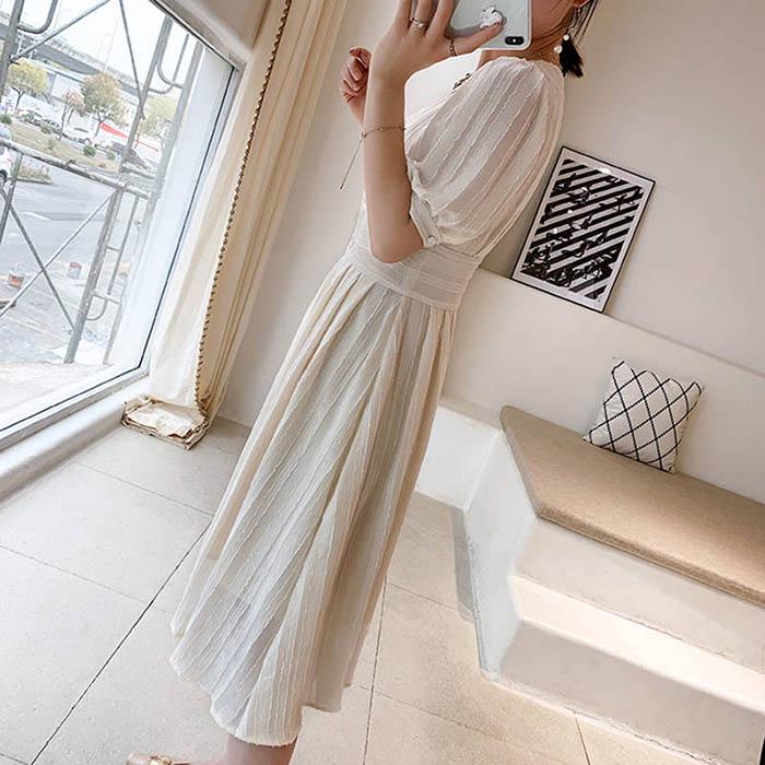 Pofulove Women Vintage V-neck Button Chiffon Dress Slim Fit Short Sleeve Sexy Dress Long Dresses