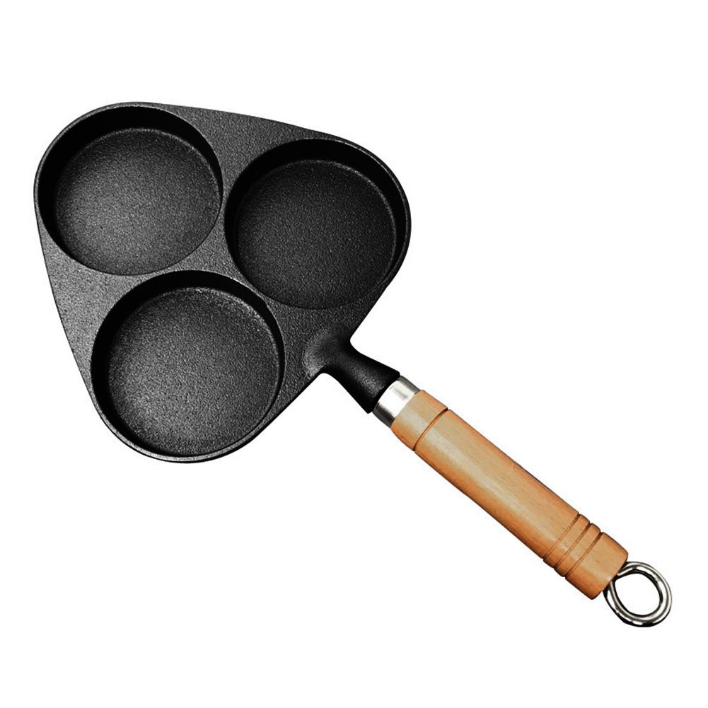 3-hole Fried Egg Pot with Wooden Handle Thickened Nonstick Cast Iron Frying Flat Pan 14.96x7.87 Inches