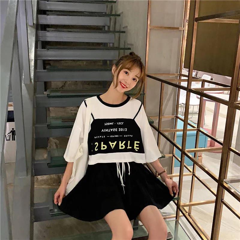 Women Summer T-shirt Skirt Suit Vintage Short Sleeve Letter Printed T-shirt Slim Pleated Short Skirt Two Pieces Set