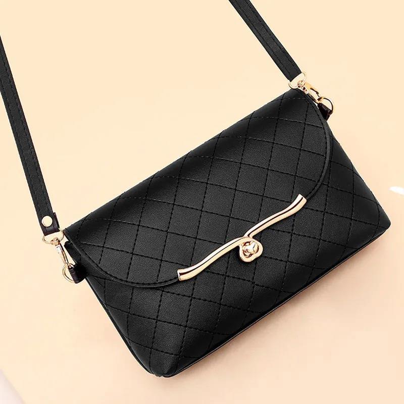 Black Check Leather Crossbody Multi-Layer Large Capacity Bag Women  Casual Portable