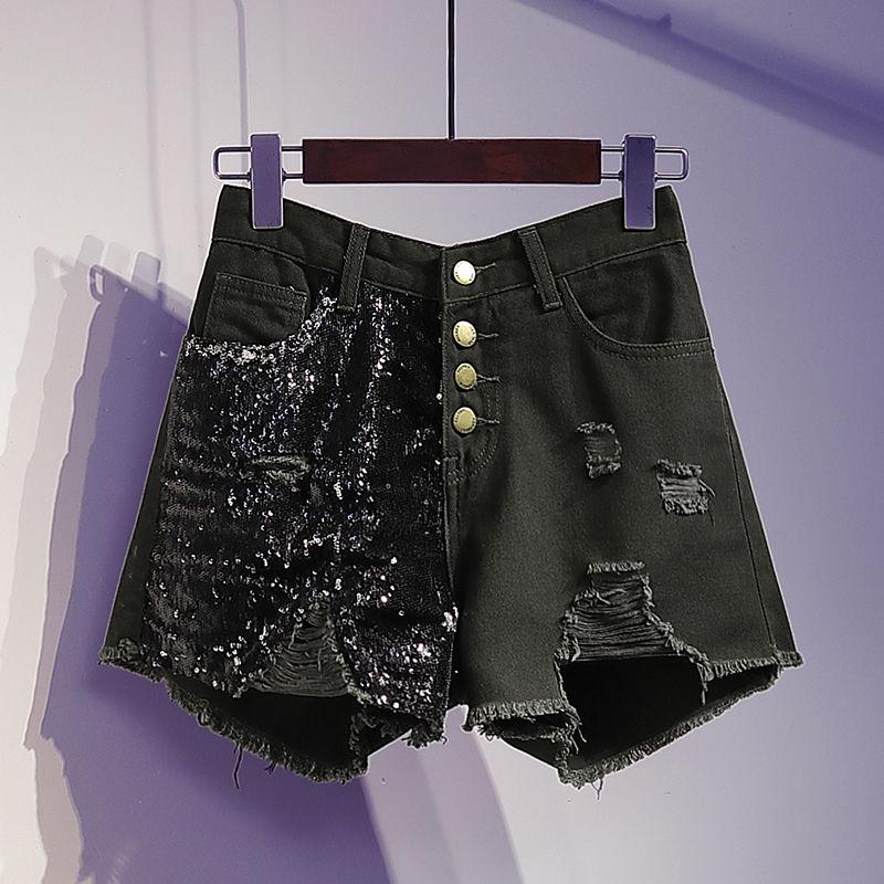 WTEMPO Summer Large Size Denim Shorts Female Sequins Were Thin High Waist Raw Edge A Word Wide Leg Pants