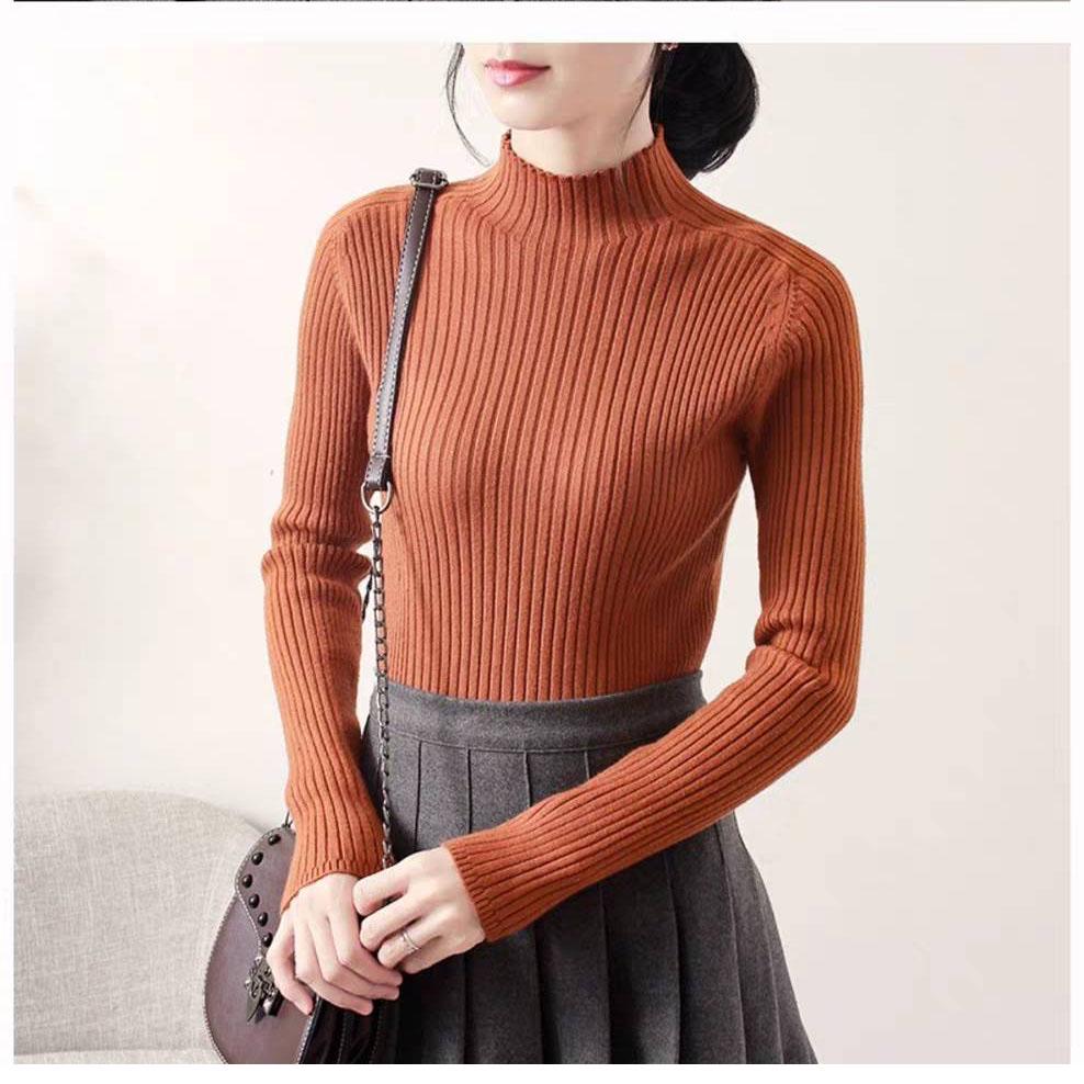 Pofulove Solid Color Half Turtleneck Slim Was Thin Sweater Women's Sweater Pullover Bottoming Shirt