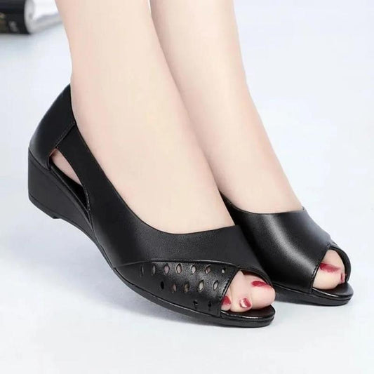 Real Soft Leather Sandals Women Summer Tendon Sole Wedge Sandals Soft Sole Comfortable New Fish Mouth Women's Shoes