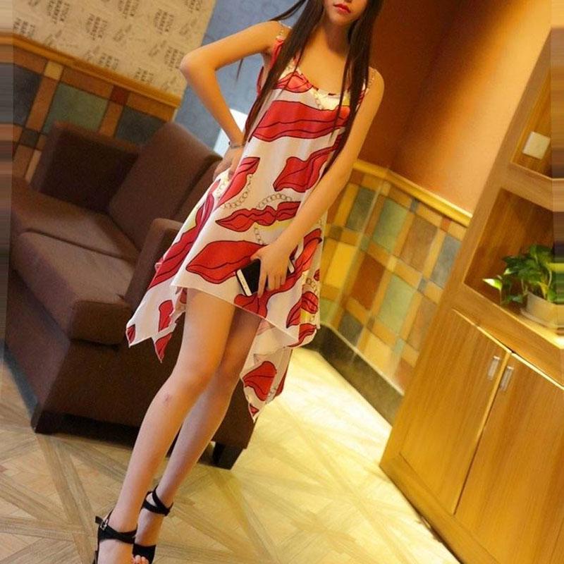 Summer Sexy Low-cut Printed Metal Strap Dress Off Shoulder Irregular Hem Asymmetric Dress