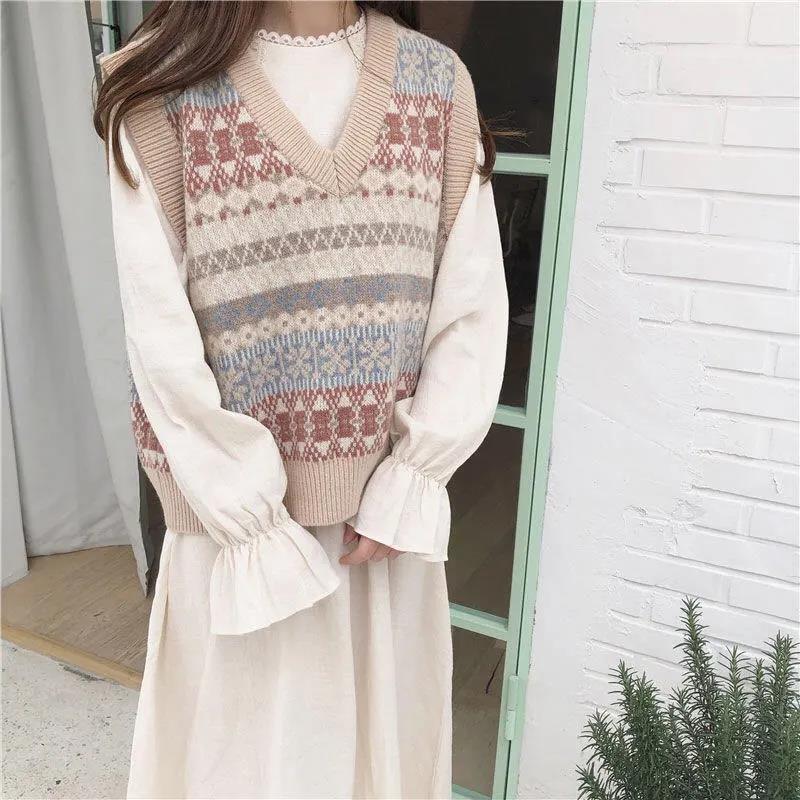 Women Sleeveless Sweater Casual Tank Top Knitted Vest Pullover Autumn Winter Female Loose V-neck Knitting Vest Sweater