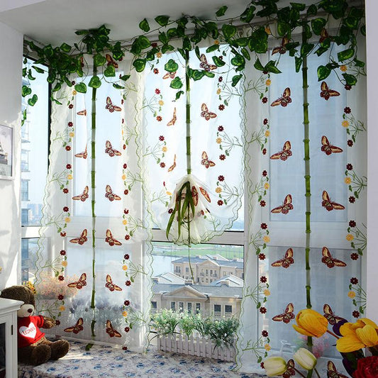 Romantic Butterfly Floral Voile Tulle Curtains Draw String  Door Window Curtain Balcony Panel Sheer Curtains