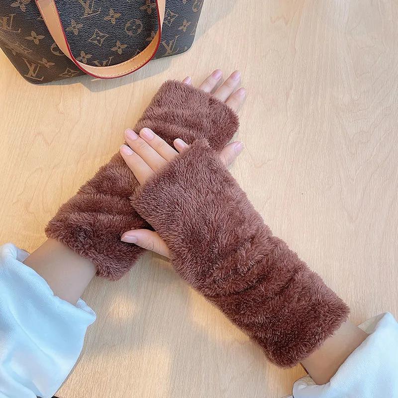 Women's Winter Plush Gloves Cute Fingerless Wristband Korean Thickening Warm Typing Arm Wrap Half Finger Mittens Hand Wrist Warm Thermal Gloves