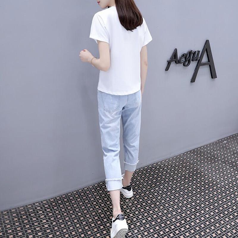 Suit Women Summer Print Round Neck Short-sleeved T-shirt Ripped Nine-point Jeans Loose Two-piece Cute Casual Suit