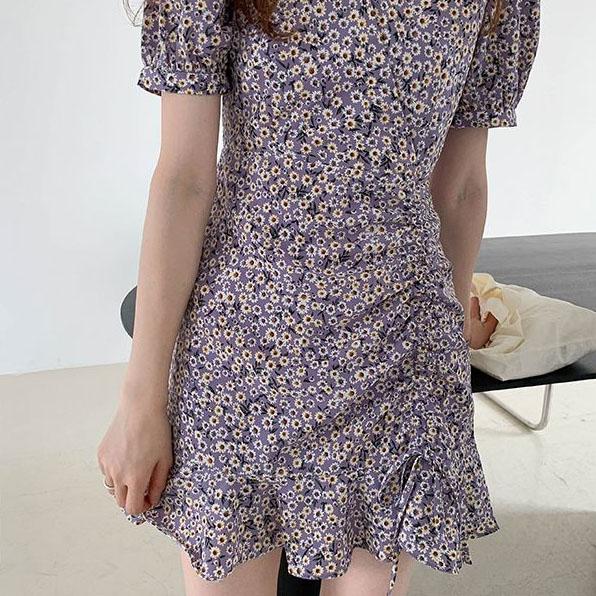 Female Vintage High Waist Super Fairy Holiday Dress Elegant Slim Floral Print Pleated Party Dress