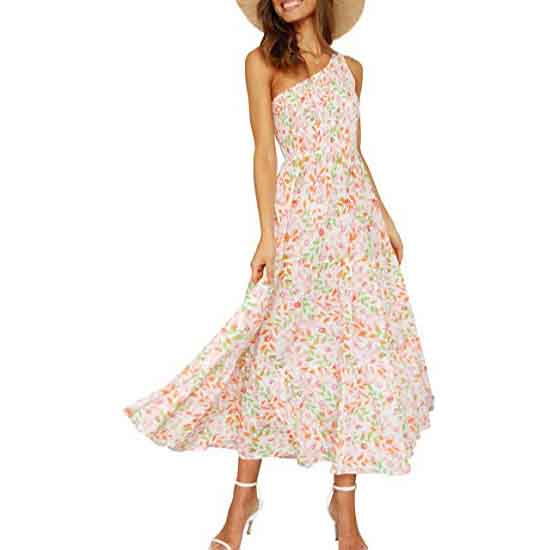 Dress Women Summer Print Boho One Shoulder Sleeveless Dress