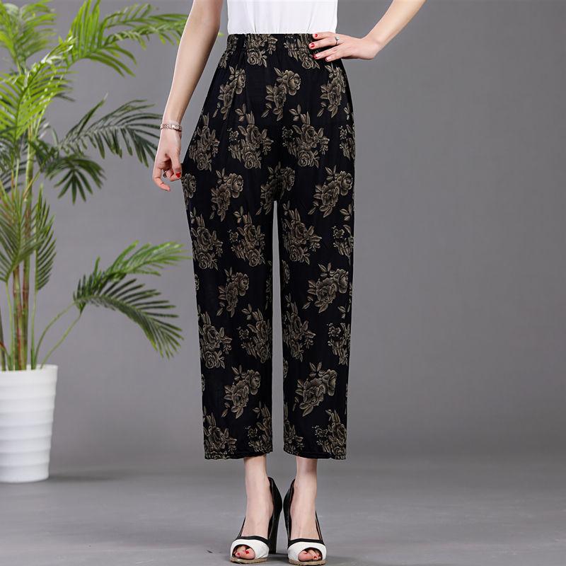 Summer Women's Ice Silk Pants Loose Large Size Flower Pants Elastic Waist Casual Cropped Pants Leggings