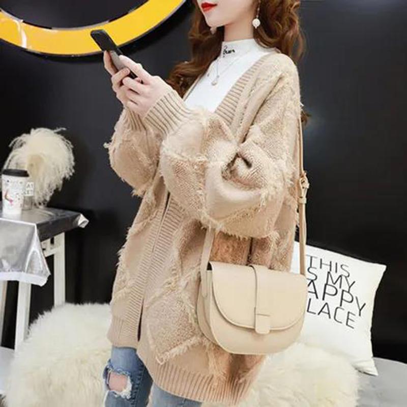 Sweater Jacket Women's Mid-length Loose Knit Cardigan Lazy Style Long-sleeved V-neck Warmth Thick Women's Sweater Jacket