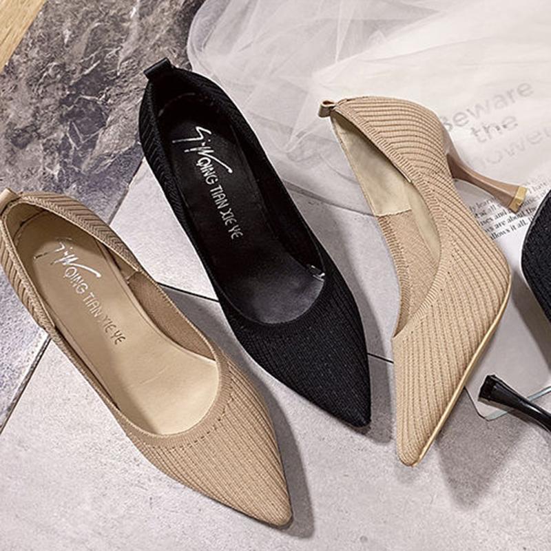 Flying Woven Single Shoes Women Spring and Autumn Pointed Toe Breathable High Heels All-match Nude High Heels Stiletto Shoes