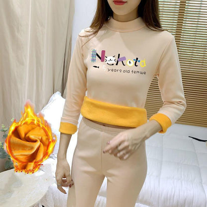 Winter Warm Women's Underwear Plus Velvet Padded Tight-fitting Suit with Autumn Clothes and Long Trousers Half-high Collar Large Size Bottoming Shirt