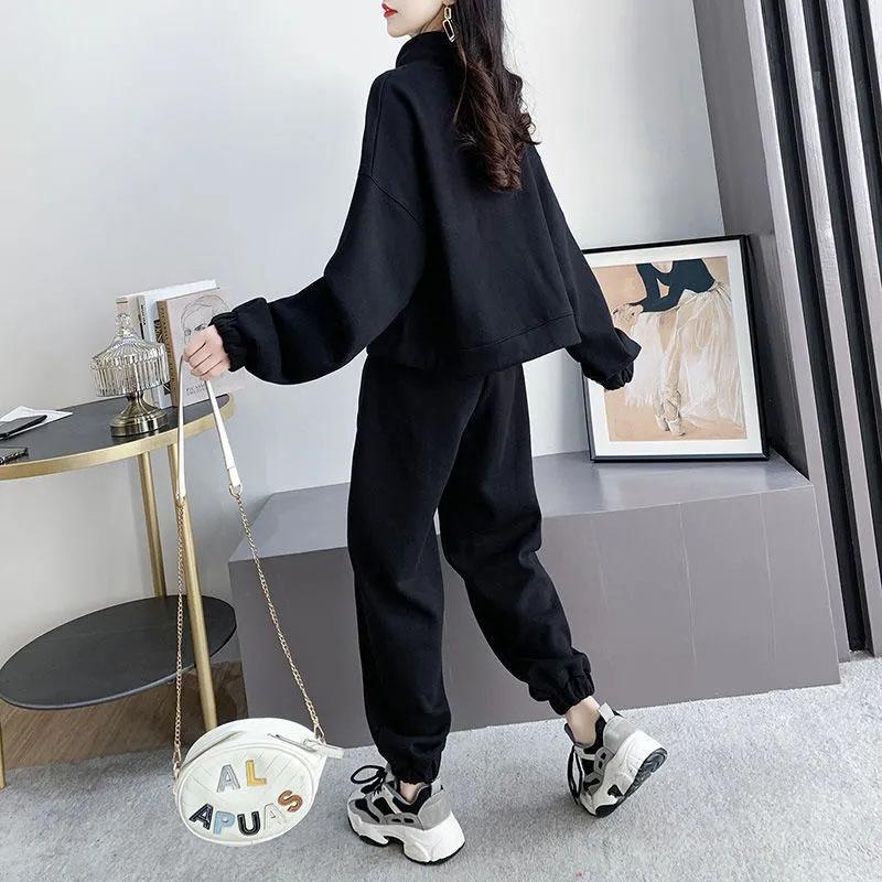 2PCS Women's Autumn Leisure Sports Sweater Suit Two-Piece Zipper Cardigan + Sweatpants Ladies Loose Fitness Clothing