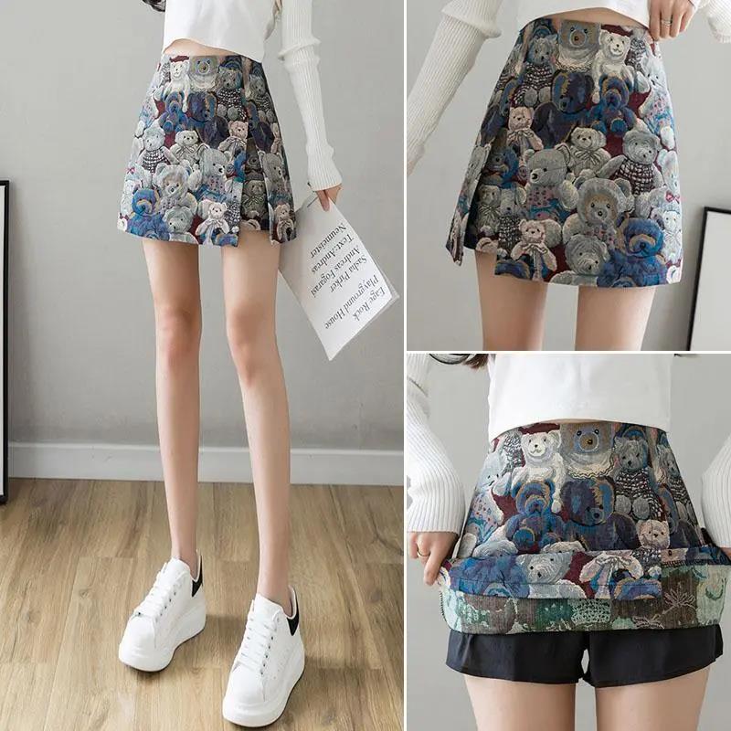 Bear Split Skirt Women's Spring and Autumn High Waist Small Anti-Slip A-Line Short Skirt