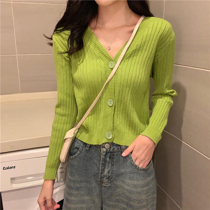 Spring and Autumn Top All-match Short V-neck Sweater Coat Knitted Cardigan Female Student Shirt