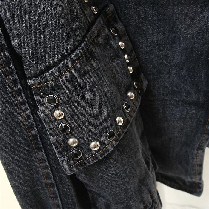 Spring and Autumn Korean Version Loose Large Size Student Beading Retro Motorcycle Denim Jacket Female Jacket