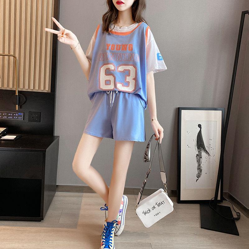 Summer Casual Suit Female Printed Loose Top Sports Shorts Two-piece Basketball Uniform Digital Pattern Loose Casual Suit Home Service