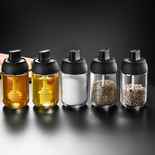 3 Style 250ML Pepper Cruet Oil Bottle Spoon Cover Glass Moistureproof Honey Seasoning Bottle Kitchen Condiment Jar Tank