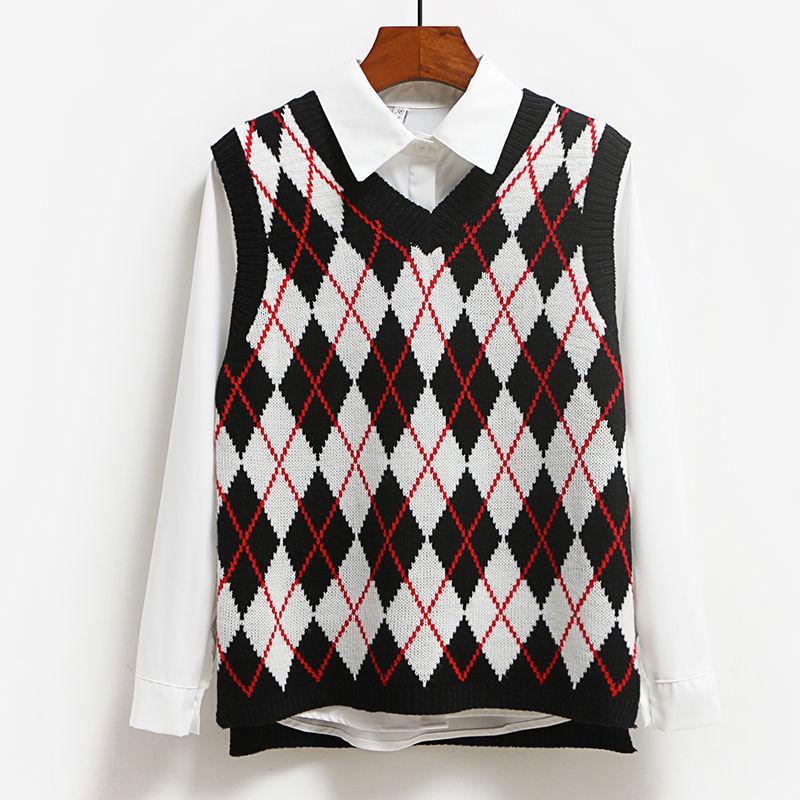 Checked Sleeveless Sweater Loose Student College Style Knitted Sweater Tank Tops for Women