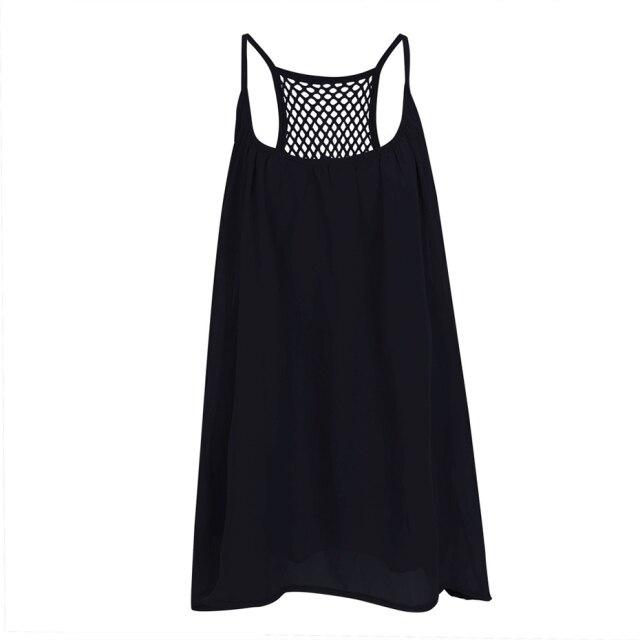 Loose Chiffon Summer Sexy Sling Dresses Women Black White Sleeveless Straps Hollow Out Sexy Dress