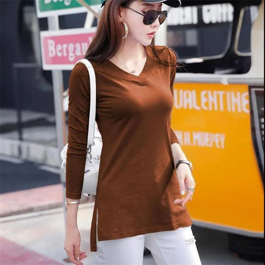 Women T Shirt Solid Color Long Sleeve Top Ladies Slim Tee Shirts Autumn Spring Fashion Tops Tee Female V-neck Pullover