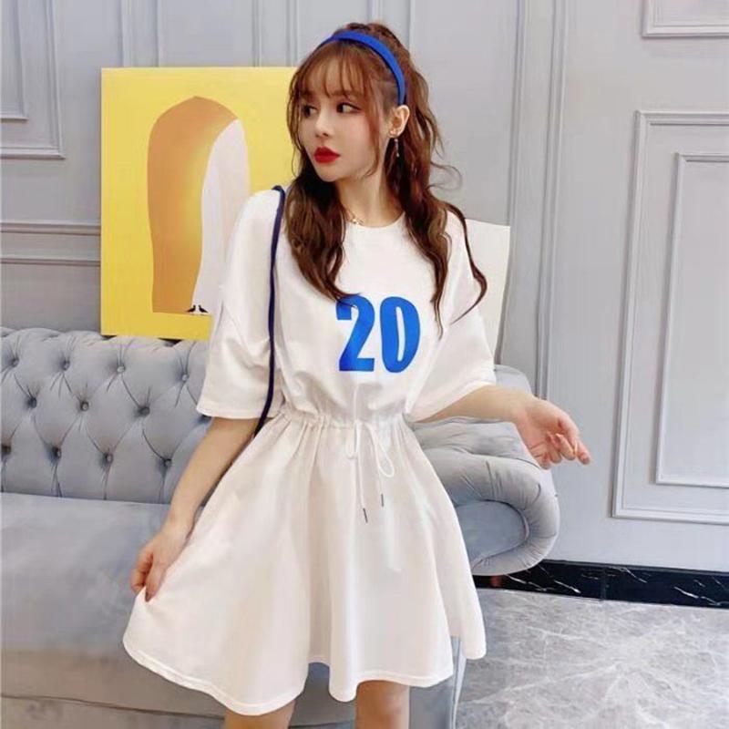 T-shirt Dress Mid-length Women's Summer Waist Waist Was Thinner Drawstring Loose Leisure Sports Style Short Dress