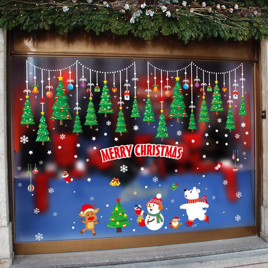 Cartoon Christmas tree window decoration storefront glass door stickers no trace wall stickers