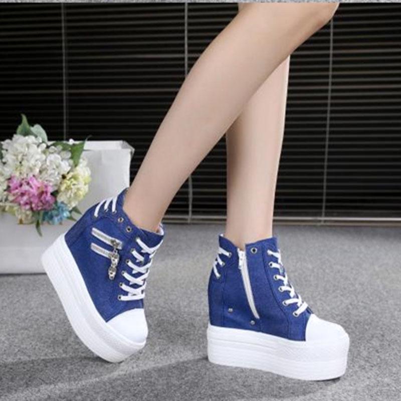 Women's  Canvas Shoes Wedges Heel Thick Bottom Increased Casual Shoes High-heeled Platform Lace Up Wedge Sneakers