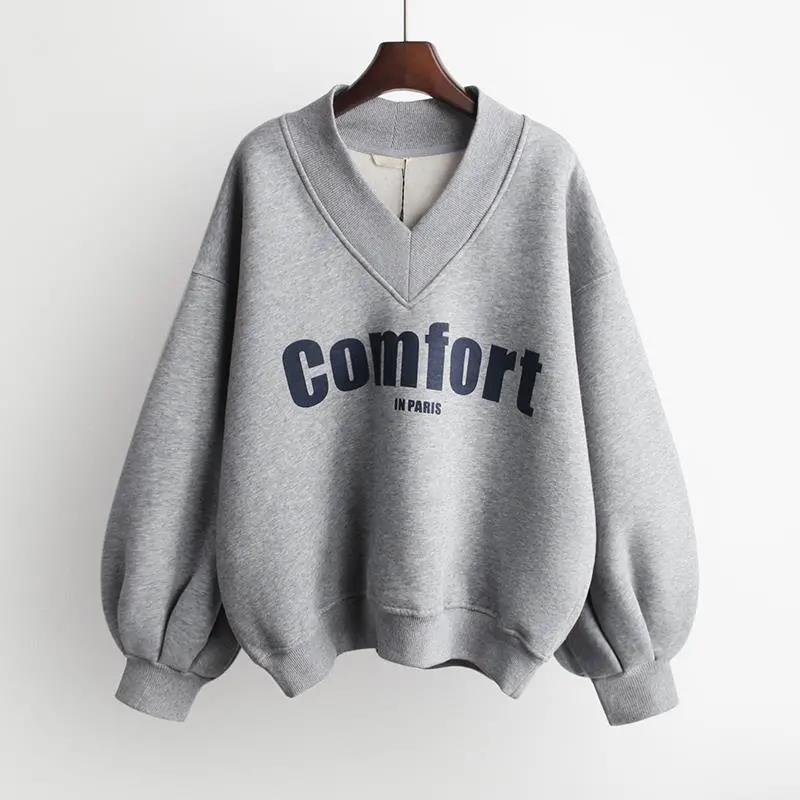 Sweater Women's Fleece Thickening Autumn and Winter Student Loose Letter V-neck Coat Women Sweatshirts