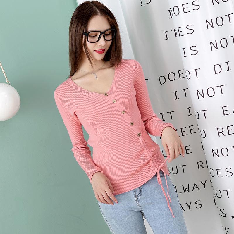 Autumn and Winter V-neck Loose Sweater Long Sleeve Casual Simple Tops Sexy Slim Women Bottoming Shirt