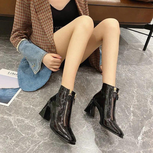 Women's Thick Heel Short Boots Fashion Martin Boots Patent Leather High Heels All-match Plus Fleece Boots