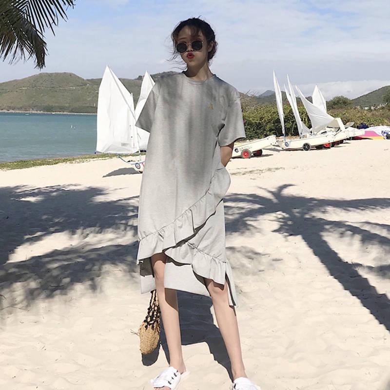 Loose Short-sleeve T-shirt  Calf-length Ruffles Dress Holiday Beach Asymmetrical Dress