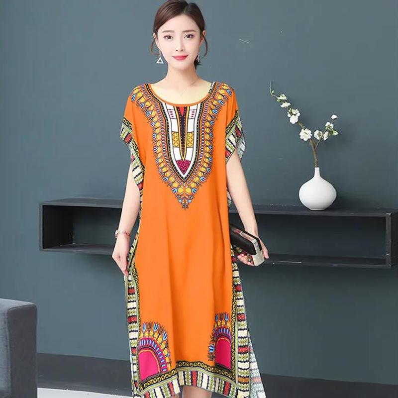 Cotton Silk Dress Long Casual Home Furnishing Ethnic Style Printing Add Fertilizer To Increase