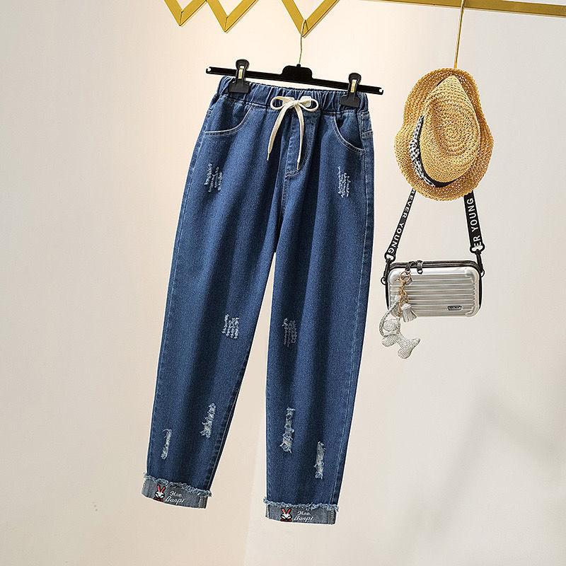 Spring and Autumn Korean Style Loose Elastic Waist Jeans Women Embroidered High Waist College Style Harlan Straight Pants