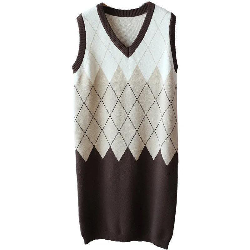 Women's Vest Sweater Dress Autumn and Winter Long Over The Knee Loose V-neck Sleeveless Vest Knitted Dress Temperament Base Lining