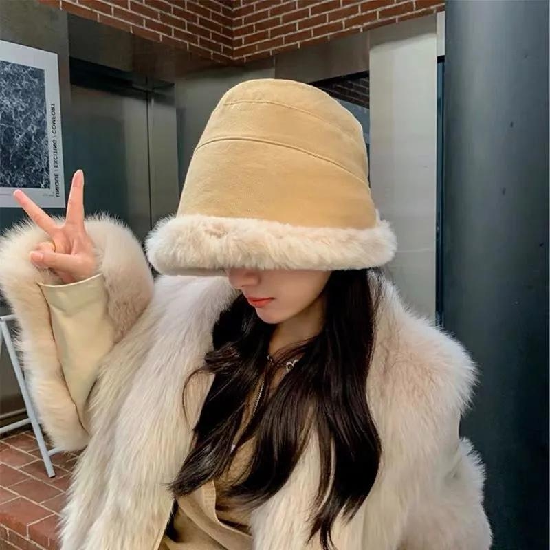 Women's Autumn and Winter Thick Plush Warm Fisherman Hat Cold Proof Windproof Ear Cup Hat Winter Curled Big Head Hat Fluffy Plush Top Cap Basin Hat