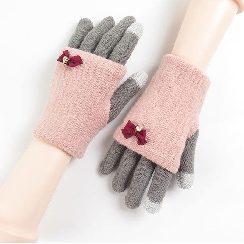 Women's Winter Knitted Touch Screen Gloves Thickened Warm Five-finger Cute Bowknot Woolen Riding All-match Mittens Hand Wrist Warmer