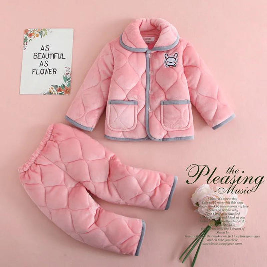 Winter Children's Three-layer Quilted Pajamas Flannel Girls and Boys Coral Fleece Suit Baby Thickened Solid Color Home Service