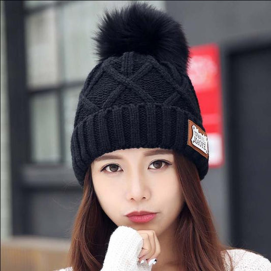 2pcs/set Fur Knitted Hat with Scarf Fur PomPom Hat Skullie Beanie Hat for Women Girl 's Hat