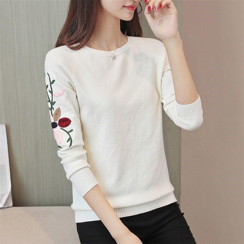 Knit Sweater Women Autumn Embroidered Knitted Bottoming Shirt Wild Round Neck Long-sleeved Sweater Women