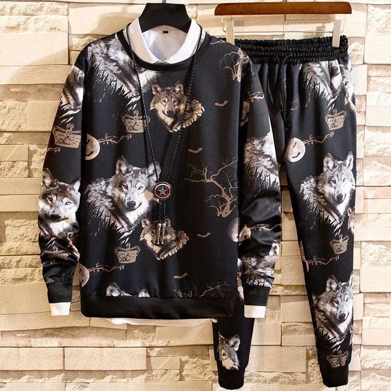 2pcs/set  Casual Sports Suit Outfits Men Autumn Printed Sweatshirt Pants Two-piece Handsome Sweatshirt Set