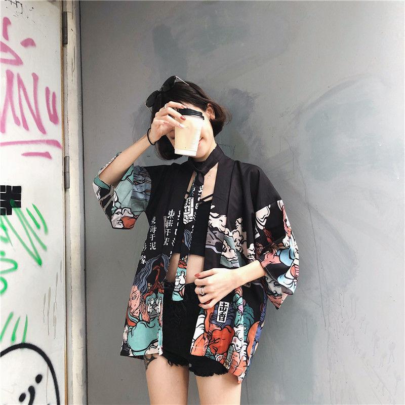 Comic Print  Cardigans Japanese Kimono Cardigan Woman Thin College Streetwear Sunscreen Clothes Kimono Coat