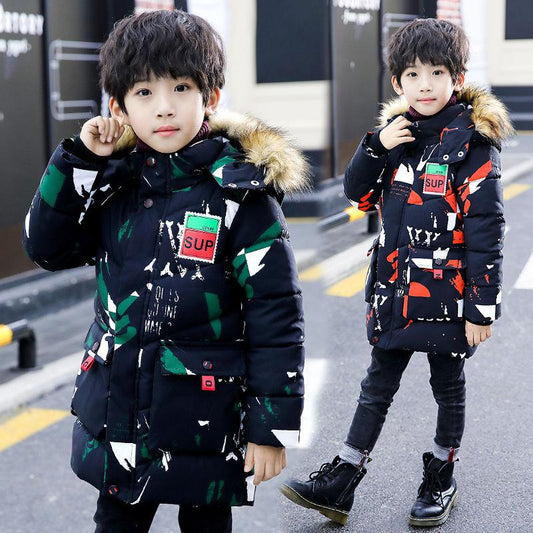 Boy's Cotton-padded Jacket Fashion Camouflage Children's Winter Down Padded Jacket Mid-length Thick and Handsome Children's Padded Jacket