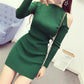 Spring Autumn Women's Knitted Pullover Sweater Sexy  Off-shoulder Long Sleeve Knit Dress Women's Mid-length Bag Hip Base Bodycon Sweater Dress